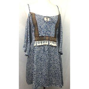 Lucy Love Cold Shoulder Blue & White Print With Fringe Boho Blouse XS NEW NWT
